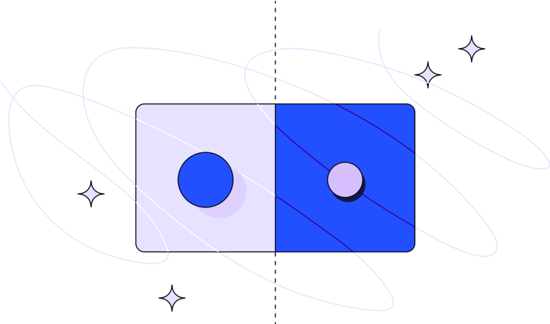 Illustration in blues and grays of two squares with circle on the middle