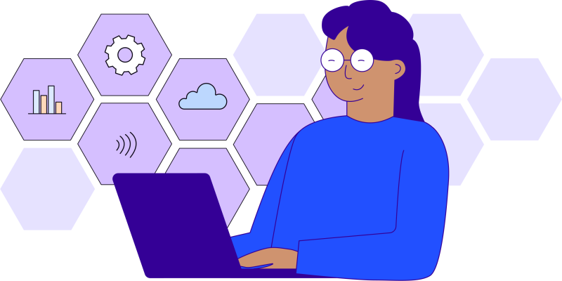 Illustration blues and purples of a woman using a laptop