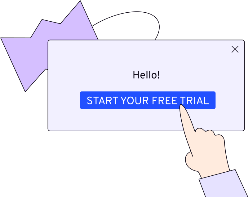 Illustration in blues and purples of a hand pointing at a rectangle with the word, Hello!, and a call to action button with the word, start your free trial