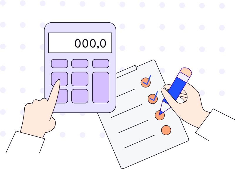 Illustration in blues, purples and oranges of a man’s right hand using a calculator and left hand holding a pencil while writing on a clipboard