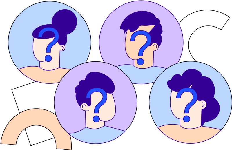 Illustration in blues, purples and oranges of two men and two women with question mark on their faces