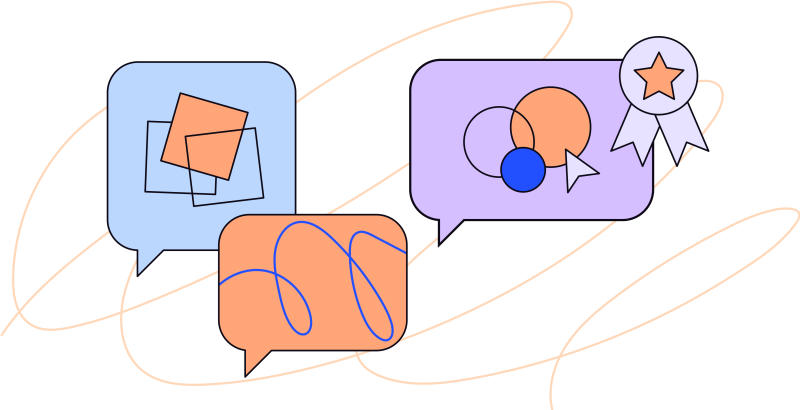 Illustration of three talk bubbles with different shapes within each. There is an award ribbon on one speech bubble.
