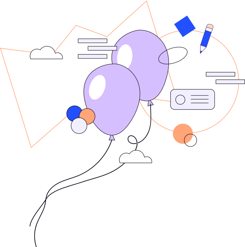 Illustration in blues, purples and oranges of two balloons surrounded by pencil, circles, clouds, oval and rectangles