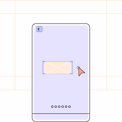 Animated gif showing a smart phone wire frame with an editing tool moving the design around. The looped animation shows design tools like a cursor and boxes for image placement.