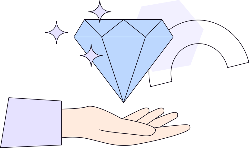 Illustration in blues, purples and oranges of a hand facing upward with diamond on top surrounded by stars and arc