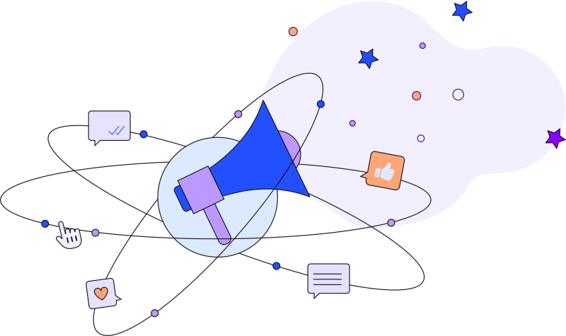 Illustration in blues, purples and oranges of megaphone surrounded by atom rings and various shapes