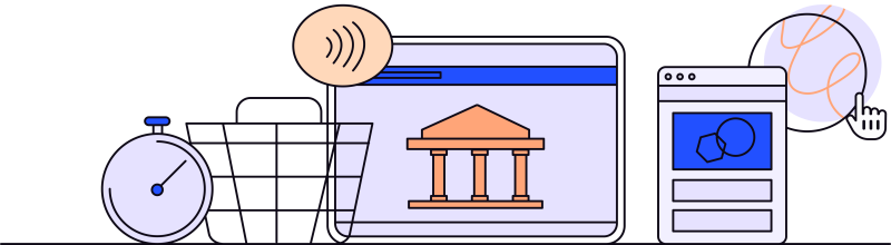 Simple illustration of a stopwatch, basket, bank website, and browser page.