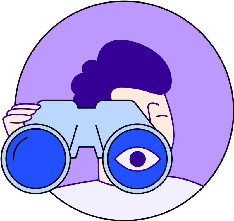 Illustration of a man looking through a pair of binoculars trying to find the perfect product feature