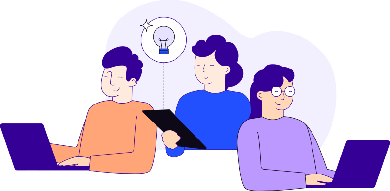 Illustration in blues, purples and oranges of woman holding a tablet with bulb icon surrounded by a man and woman using a laptop