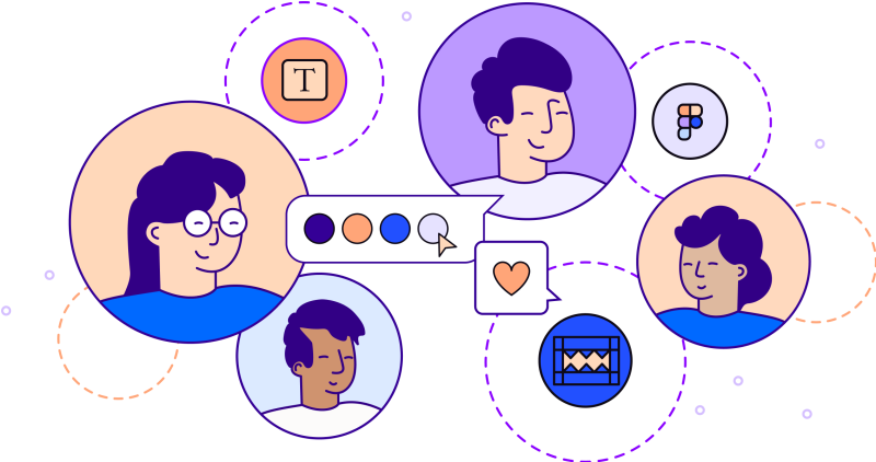 Illustration in blues, purples and oranges of people's faces and various logos