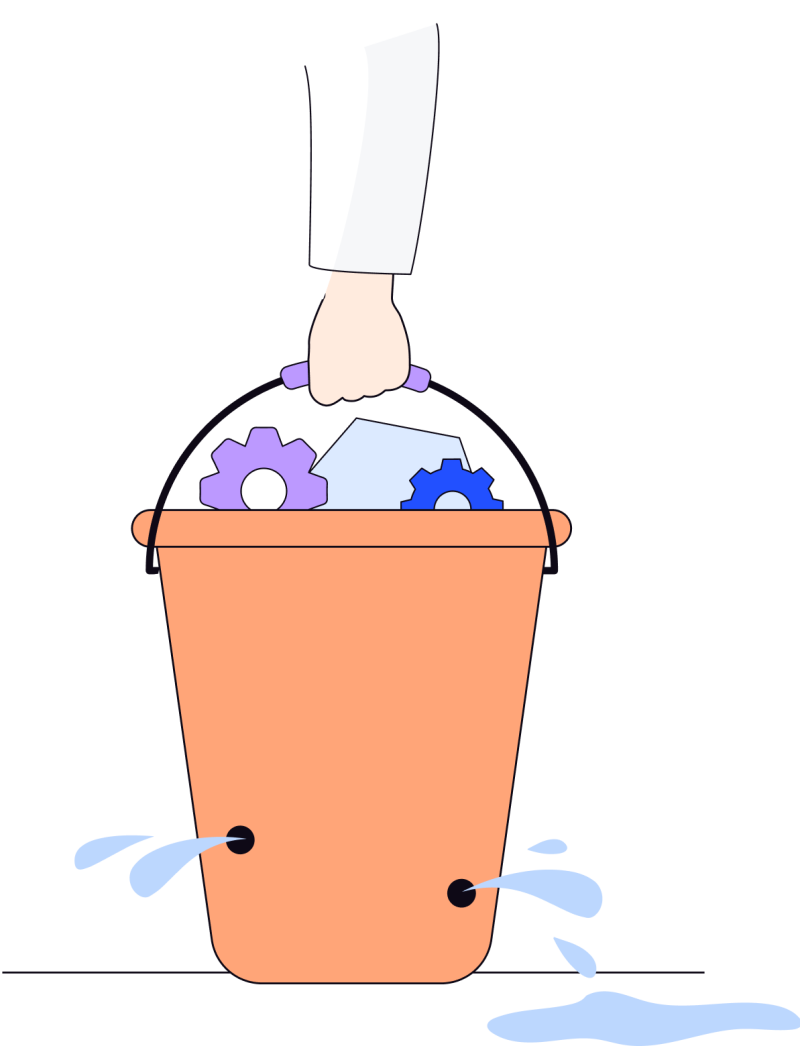 Illustration in blues, purples and oranges of a hand holding a bucket filled with gear icons and water going out from the holes