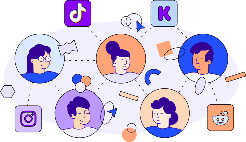 Illustration in blues, purples and oranges of five faces surrounded by various social media logos