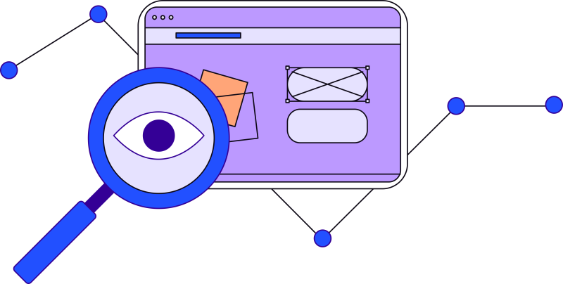 Illustration of browser window with a magnifying glass examining showing an eye