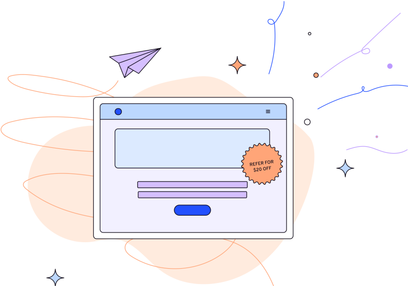 Illustration in blues, purples and oranges of a monitor screen and paper plane