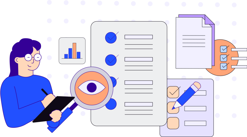 Illustration in blues, purples and oranges of a woman holding a clipboard, magnifying glass, bar graph, pencil, checklist and paper