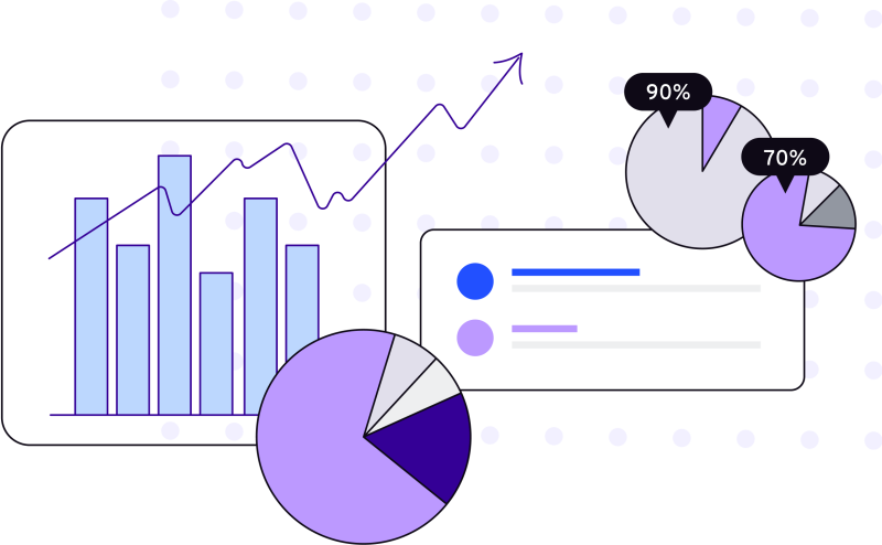 Illustration in blues, purples and oranges of a bar graph, pie chart and arrow directed upwards