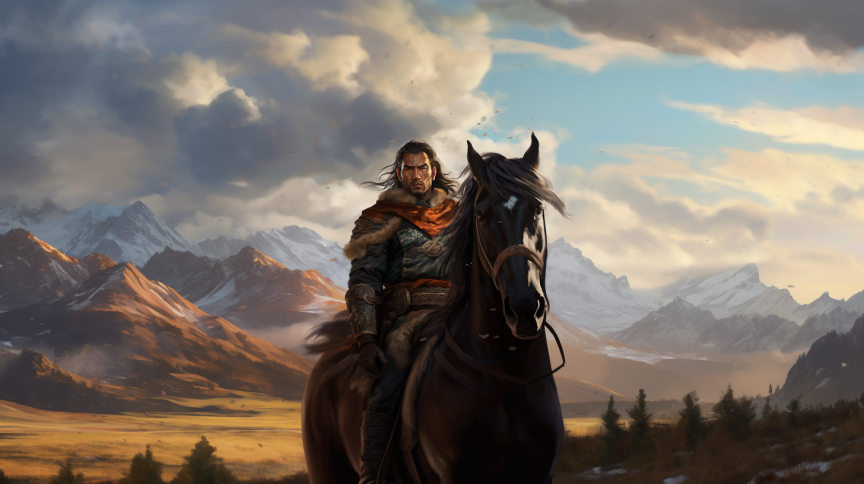 A rider on a black horse riding through a steppe. There are snowy mountains in the distance.