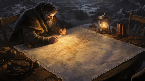 A cartographer in thick clothes sitting over a map illuminated by a small lantern in a cold winter night