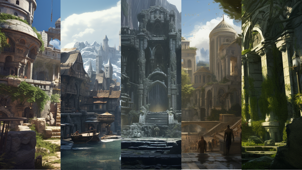 A collage of different fantasy cities and landscapes