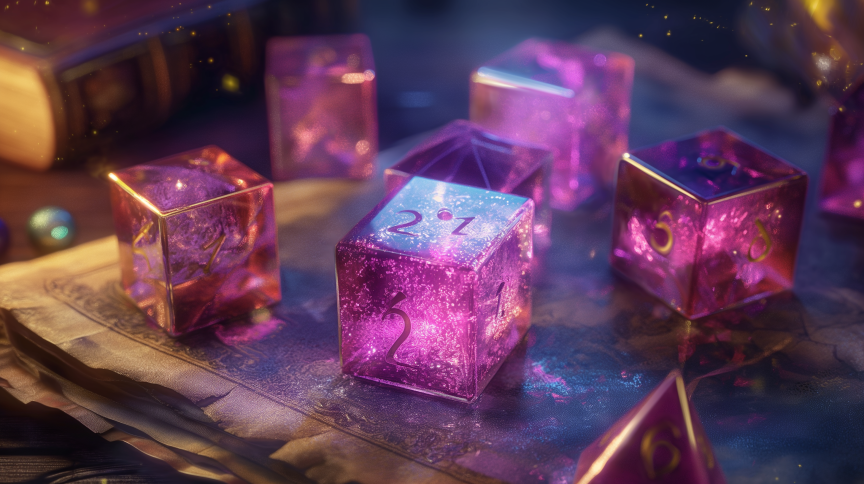 A couple of pink glowing dice on a table