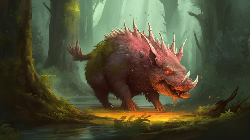A big boar with glowing red eyes and scaly skin. It has spines on it's back.