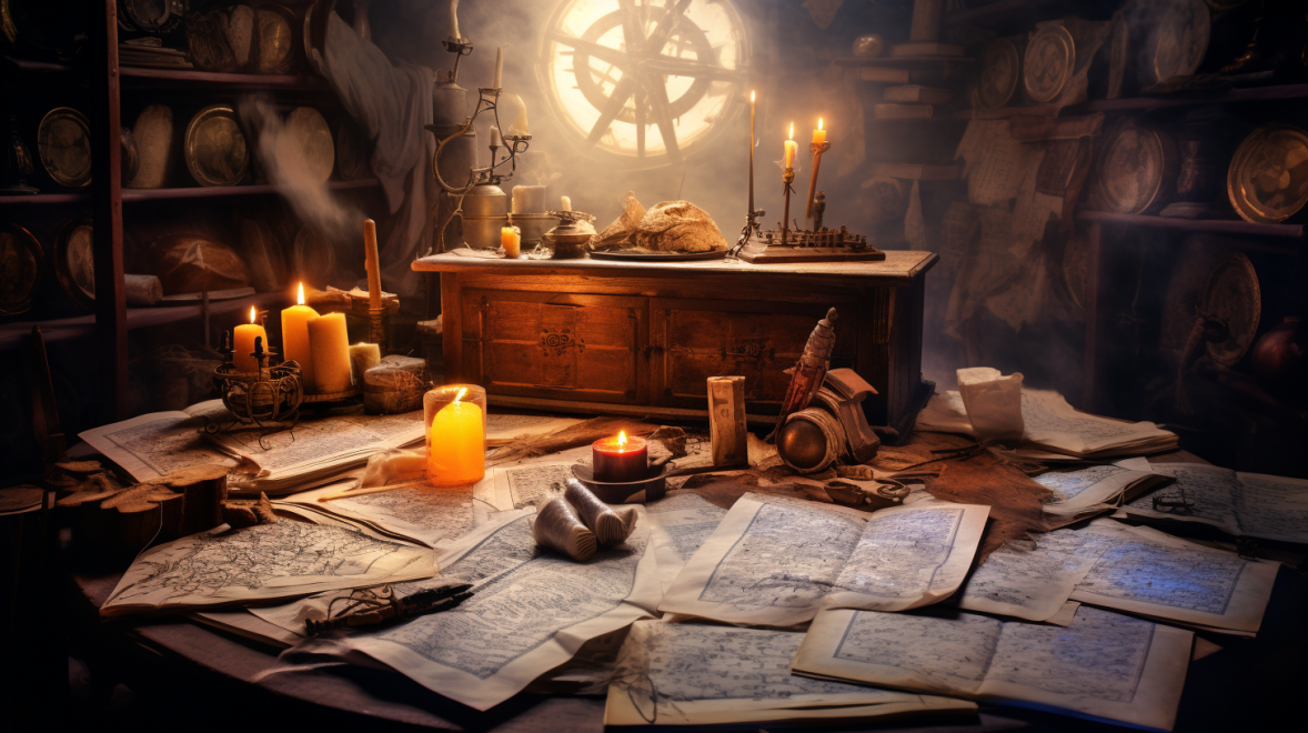 A pile of parchment on a desk lit by warm candle light