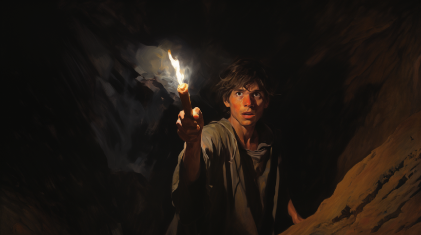 Closeup of a scared person in a dark cave holding a torch