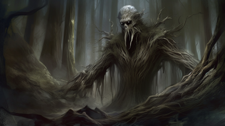 An imposing humanoid monster made from bark and shadows.