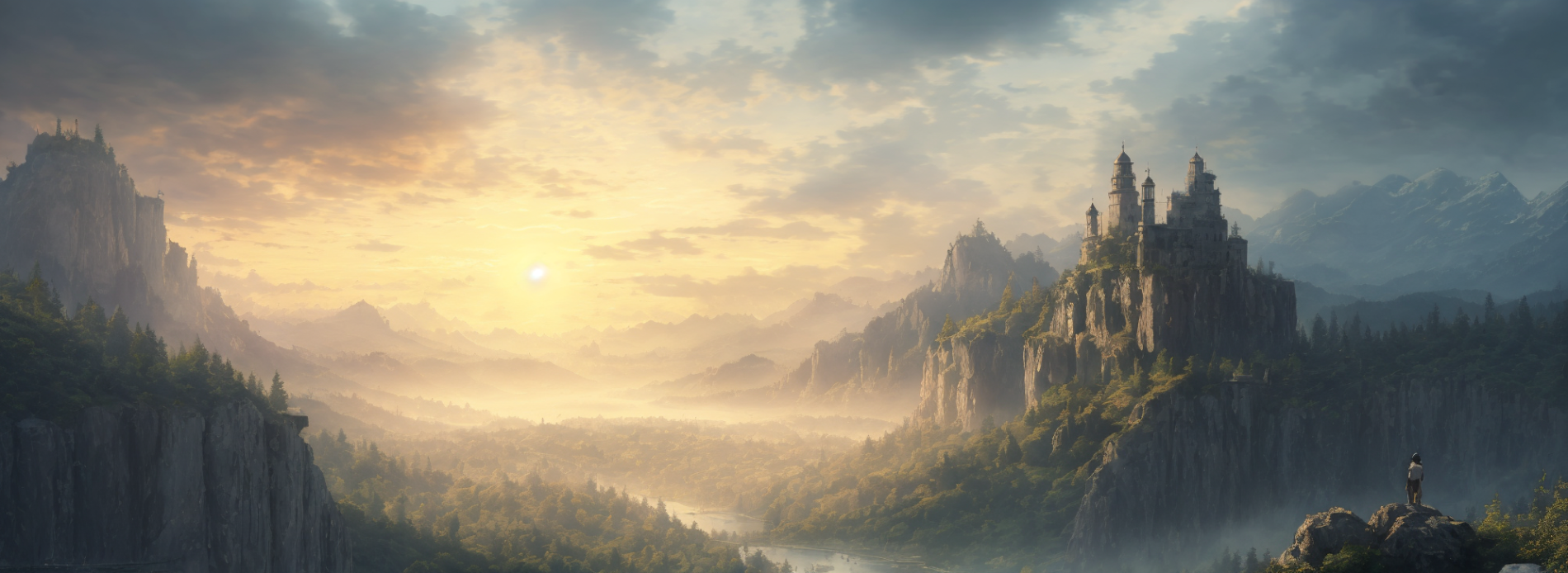 A valley at sunrise that is filled with a forest and a bit of fog. On the right cliff stands a castle. A person watches the scene in awe.