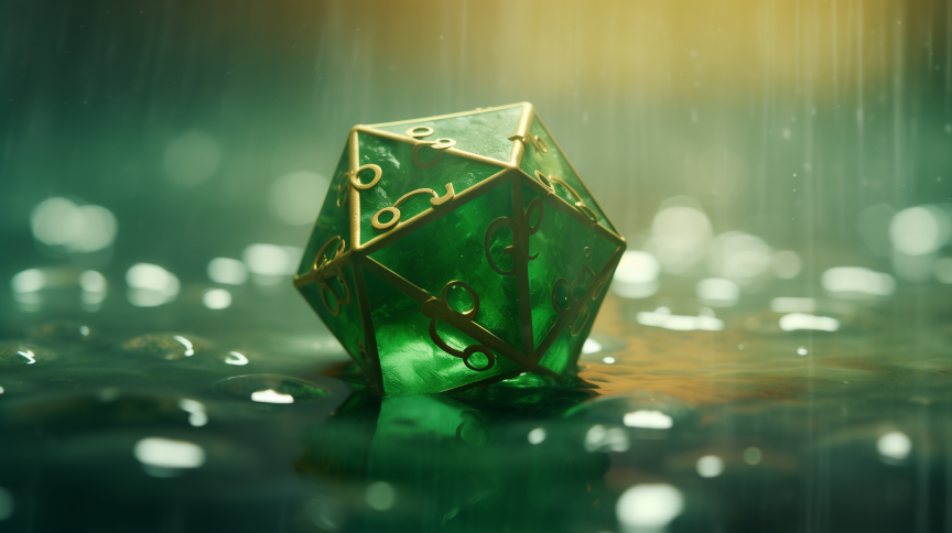 A green d20 with gold applications on a wet surface