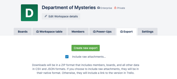 An image showing how to export data from a Trello Workspace
