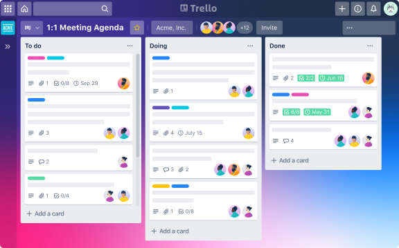 An illustration showing an example of a Trello board used for a meeting agenda