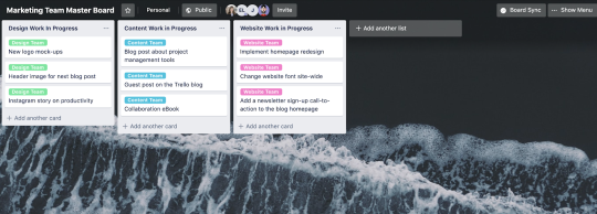 An image showing an example of a master board in Trello