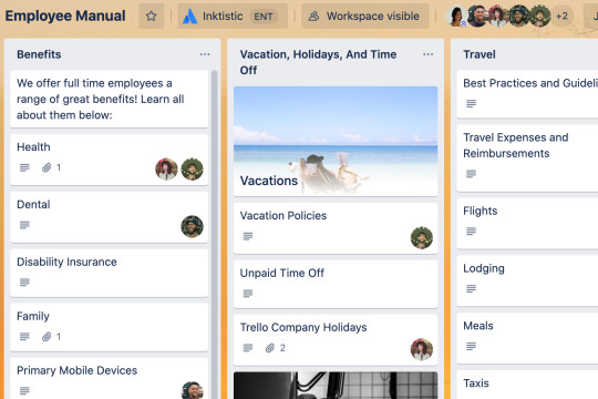 A view of a Trello board depicting an organized and accessible employee manual.