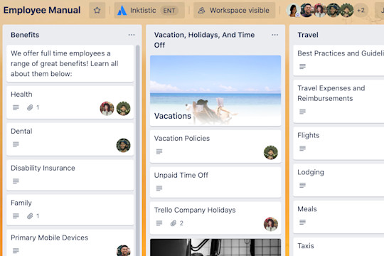 A view of a Trello board depicting an organized and accessible employee manual.