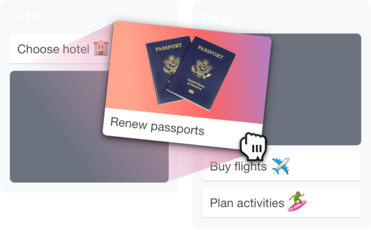 Imagen que muestra tarjetas de Trello de ejemplo para planificar un viaje