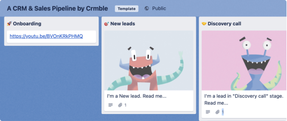 Screenshot of Trello board with columns that represent the various stages of a CRM & sales pipeline