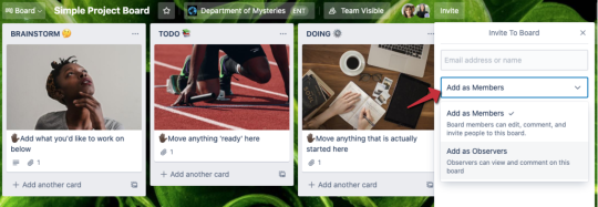 An image showing how to add observers to a Trello board