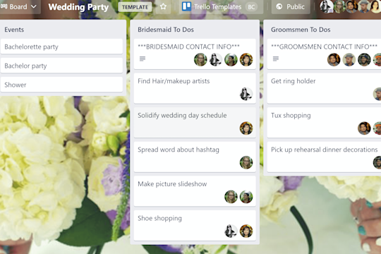 An image showing the Wedding Party Template for a Trello board