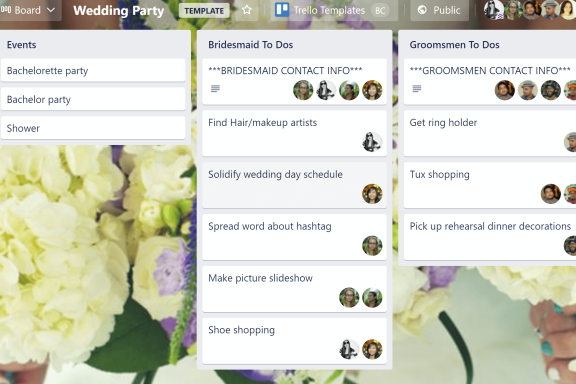 An image showing the Wedding Party Template for a Trello board