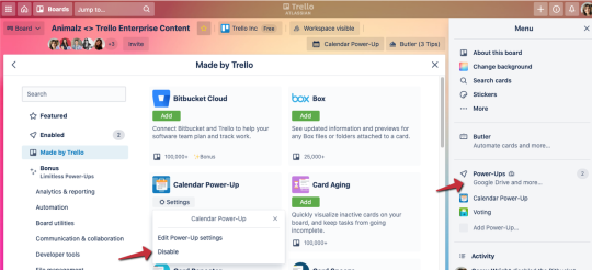 Et bilde som viser hvordan du deaktiverer en Power-Up på en Trello-tavle