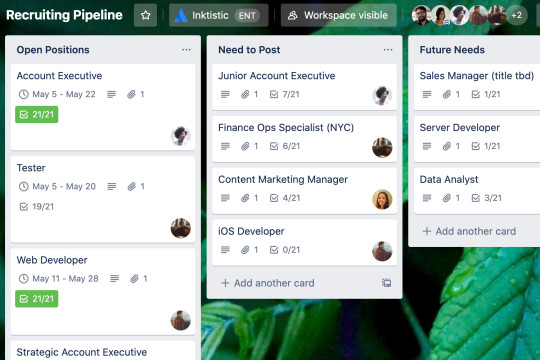 A view of a Trello board depicting the phases within a recruiting pipeline.