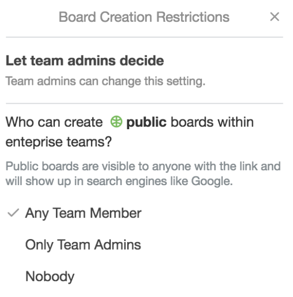 An image showing board creation restrictions for a Trello Workspace