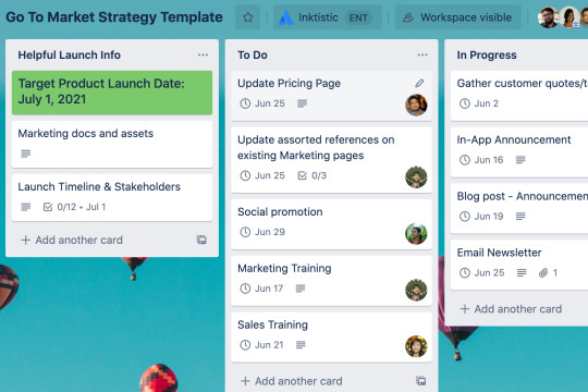 A view of a Trello board showcasing cards that might help organize go-to-market campaign launches.