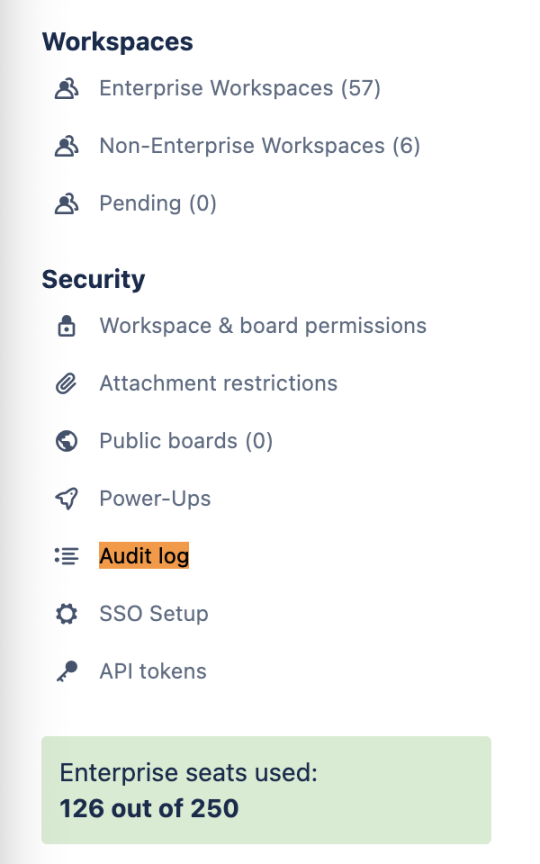 An image showing the link to the Audit Log on the Trello Enterprise Admin navigation menu