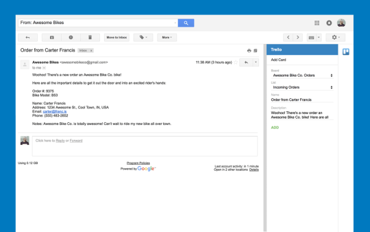An image showing the Trello add-on for Gmail