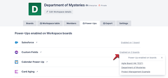 显示 Trello 工作区上已启用 Power-Up 的图像