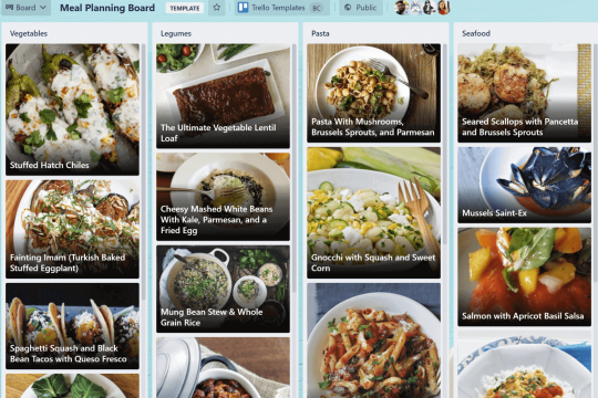 An image showing the Meal Planning Template for a Trello board
