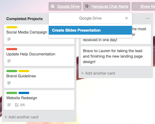 Een weergave van Google Slides Power-Up op een Trello-bord