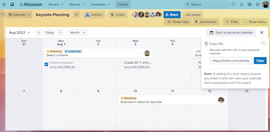 Imagen que muestra la vista de Calendario de un Espacio de trabajo de Trello